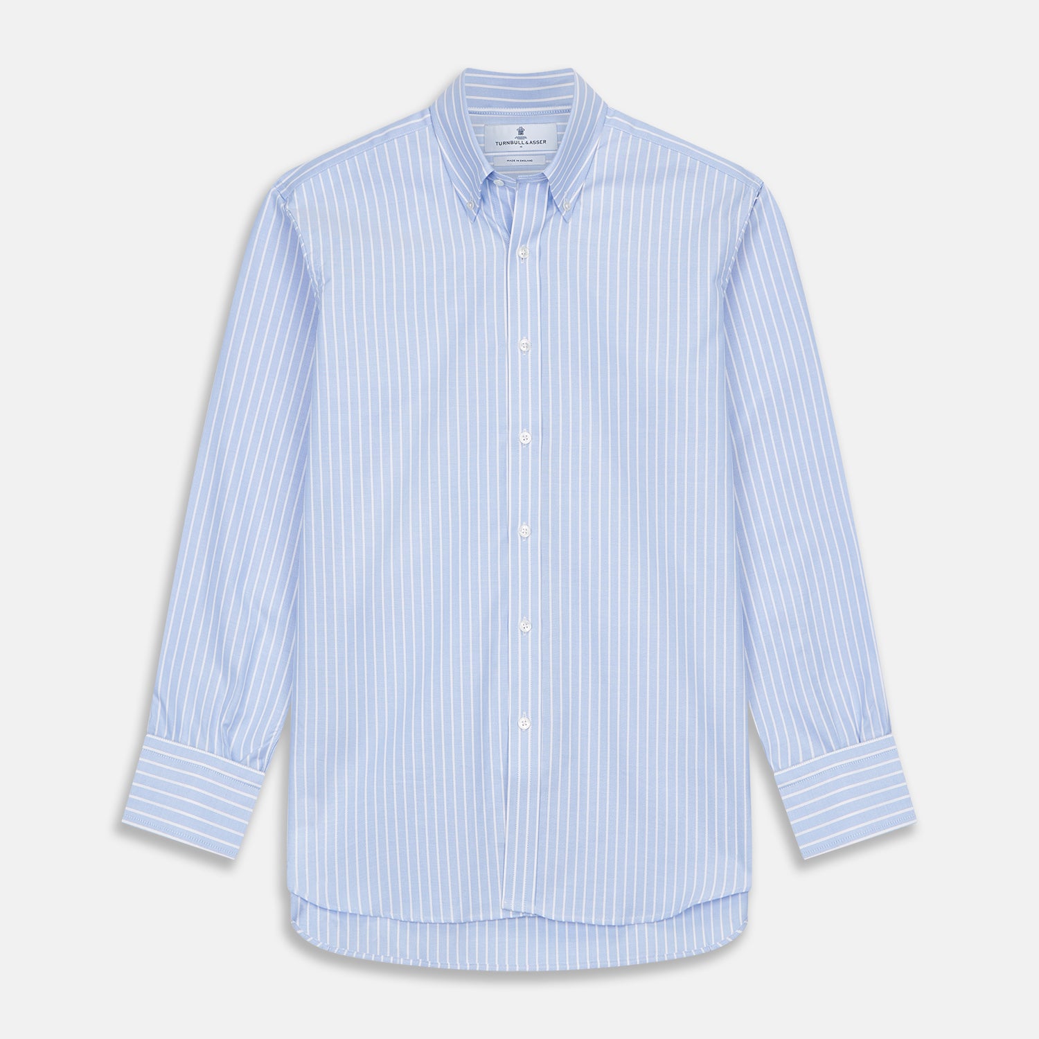 Blue and White Broad Stripe Oxford Weekend Fit Shirt with Dorset Collar and 1-Button Cuffs