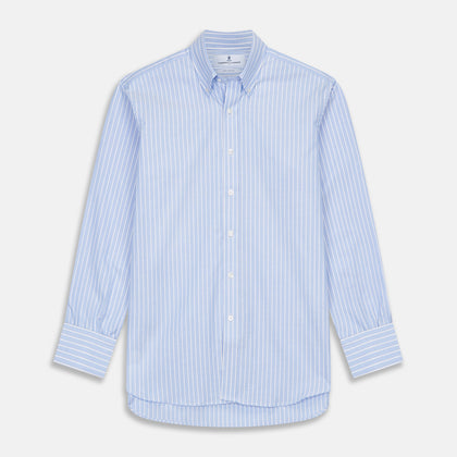 Blue and White Broad Stripe Oxford Weekend Fit Shirt with Dorset Collar and 1-Button Cuffs