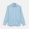 View 1 of product The Turnbull & Asser Weekend Fit Blue Plaid Linen Shirt features a white check pattern, Derby collar, long sleeves with 1-button cuffs, single chest pocket, and button-up front, shown against a white background.