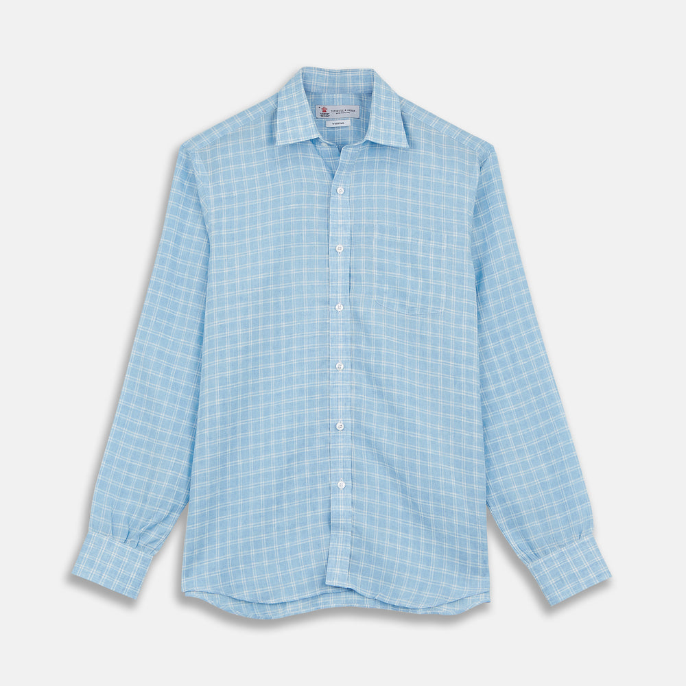 The Turnbull & Asser Weekend Fit Blue Plaid Linen Shirt features a white check pattern, Derby collar, long sleeves with 1-button cuffs, single chest pocket, and button-up front, shown against a white background.