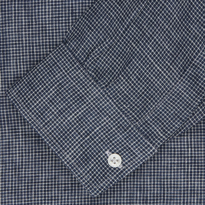 Weekend Fit Navy Check Linen Shirt with Derby Collar and 1-Button Cuffs