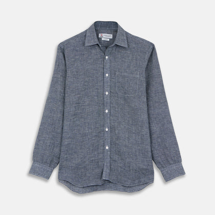 Weekend Fit Navy Check Linen Shirt with Derby Collar and 1-Button Cuffs