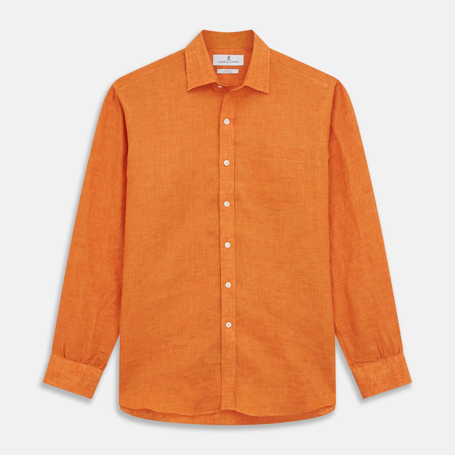 View 1 of product The Turnbull & Asser Orange Weekend Fit Linen Nevis Shirt features a Derby collar, long sleeves with 1-button cuffs, white buttons, and a chest pocket, shown flat against a white background.