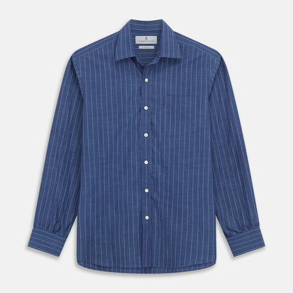 Blue Stripe Weekend Fit Nevis Shirt with Derby Collar and 1-Button Cuffs