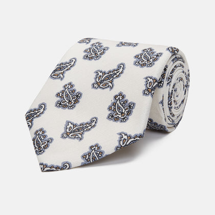 Ecru Paisley Floral Cotton Silk Blend Tie