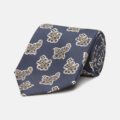Navy Paisley Floral Cotton Silk Blend Tie