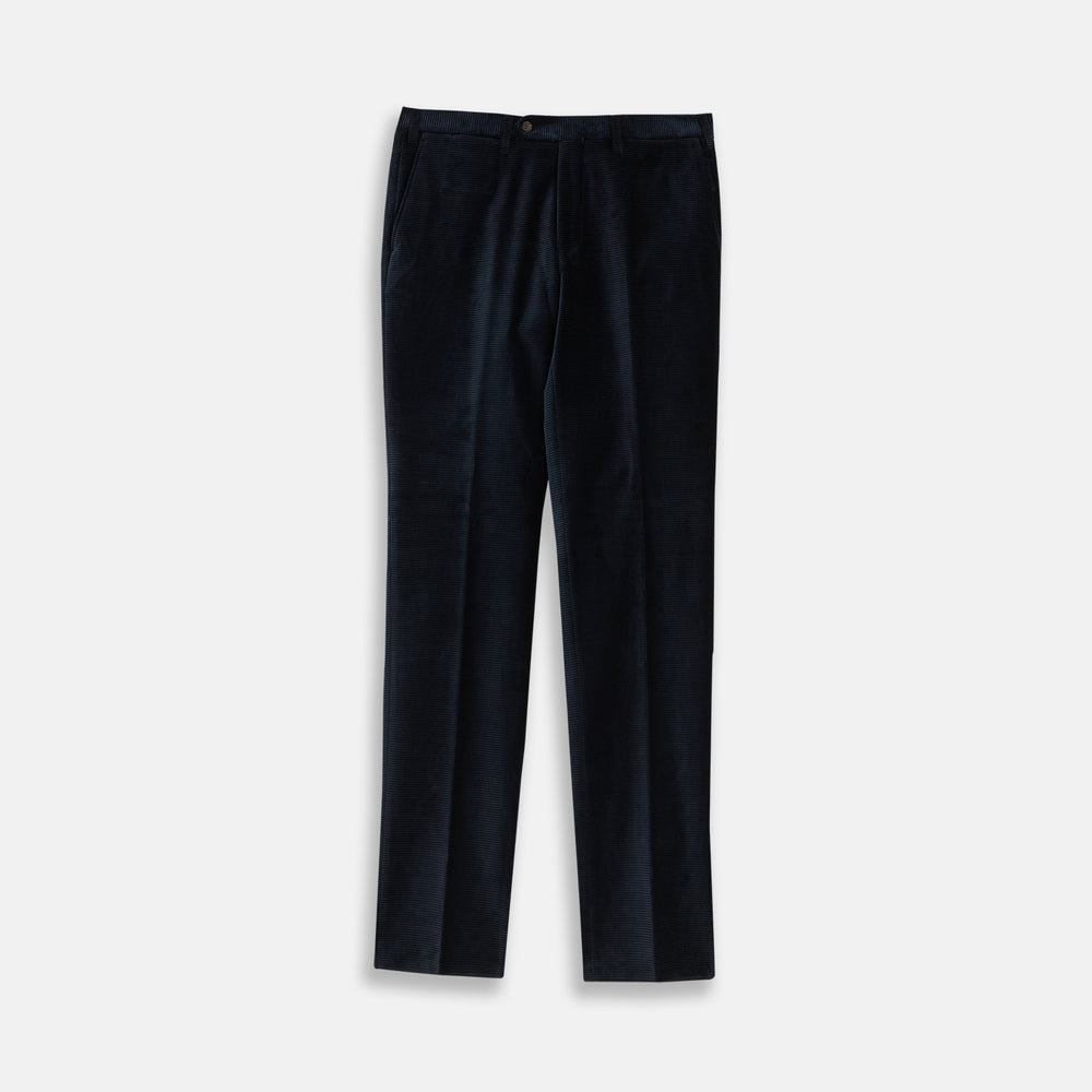 Turnbull & Asser Navy Horizontal Cord Trousers in pure cotton feature a straight-leg fit, side pockets, and button closure, shown against a plain light gray background.