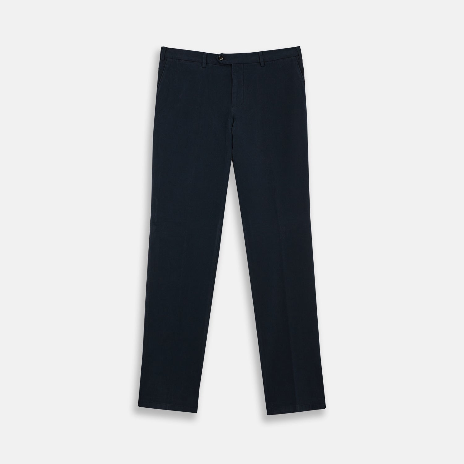 View 1 of product Turnbull & Asser Navy Cotton Chinos—plain, straight-leg trousers with button closure and belt loops, tailored in Italy and featured against a white background.