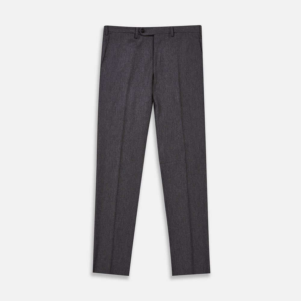 The Turnbull & Asser Charcoal Flannel Trousers feature a tailored fit, button and zipper closure, front pockets, and belt loops, crafted from fine Italian wool flannel and displayed flat on a white background.