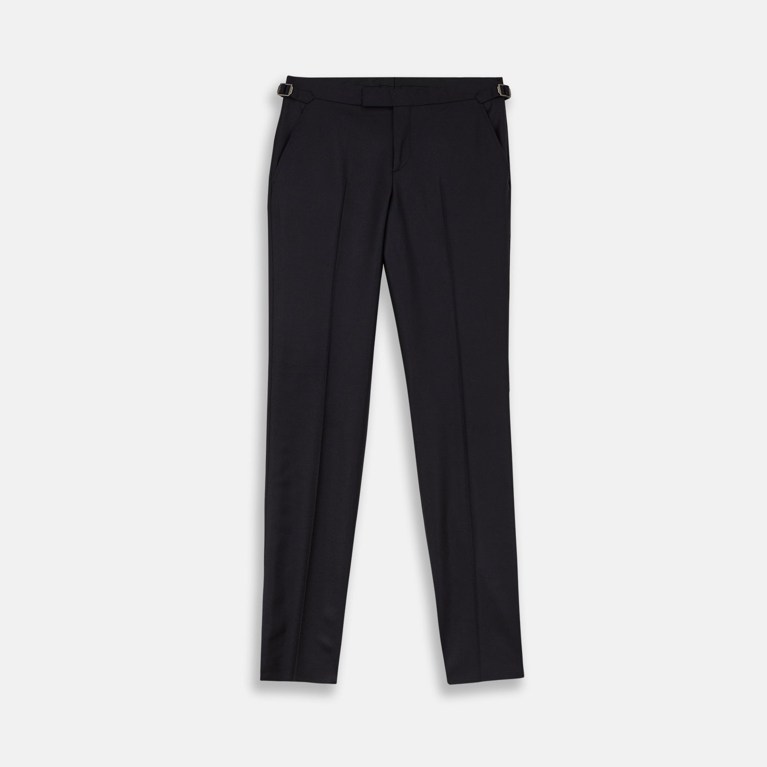 View 1 of product A pair of navy Escorial wool trousers by Turnbull & Asser, featuring a tailored style, straight-leg fit, front crease, belt loops, side pockets, and metal buckle details on the waistband, shown against a white background.