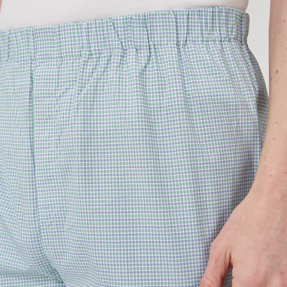 Kelly Green Check Modern Pyjama Trousers by Turnbull & Asser, crafted from superfine cotton with an elastic waistband for a modern look, shown against a plain white background.
