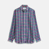 View 1 of product The Turnbull & Asser Green and Red Madras Check Weekend Fit Linen Shirt features a Derby collar, 1-button cuff, and colorful plaid pattern, crafted from sustainable linen and shown against a plain white background.
