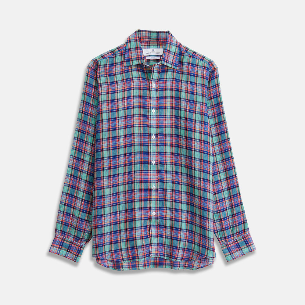 The Turnbull & Asser Green and Red Madras Check Weekend Fit Linen Shirt features a Derby collar, 1-button cuff, and colorful plaid pattern, crafted from sustainable linen and shown against a plain white background.