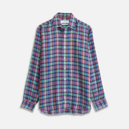Green and Red Madras Check Weekend Fit Linen Shirt with Derby Collar and 1-Button Cuff