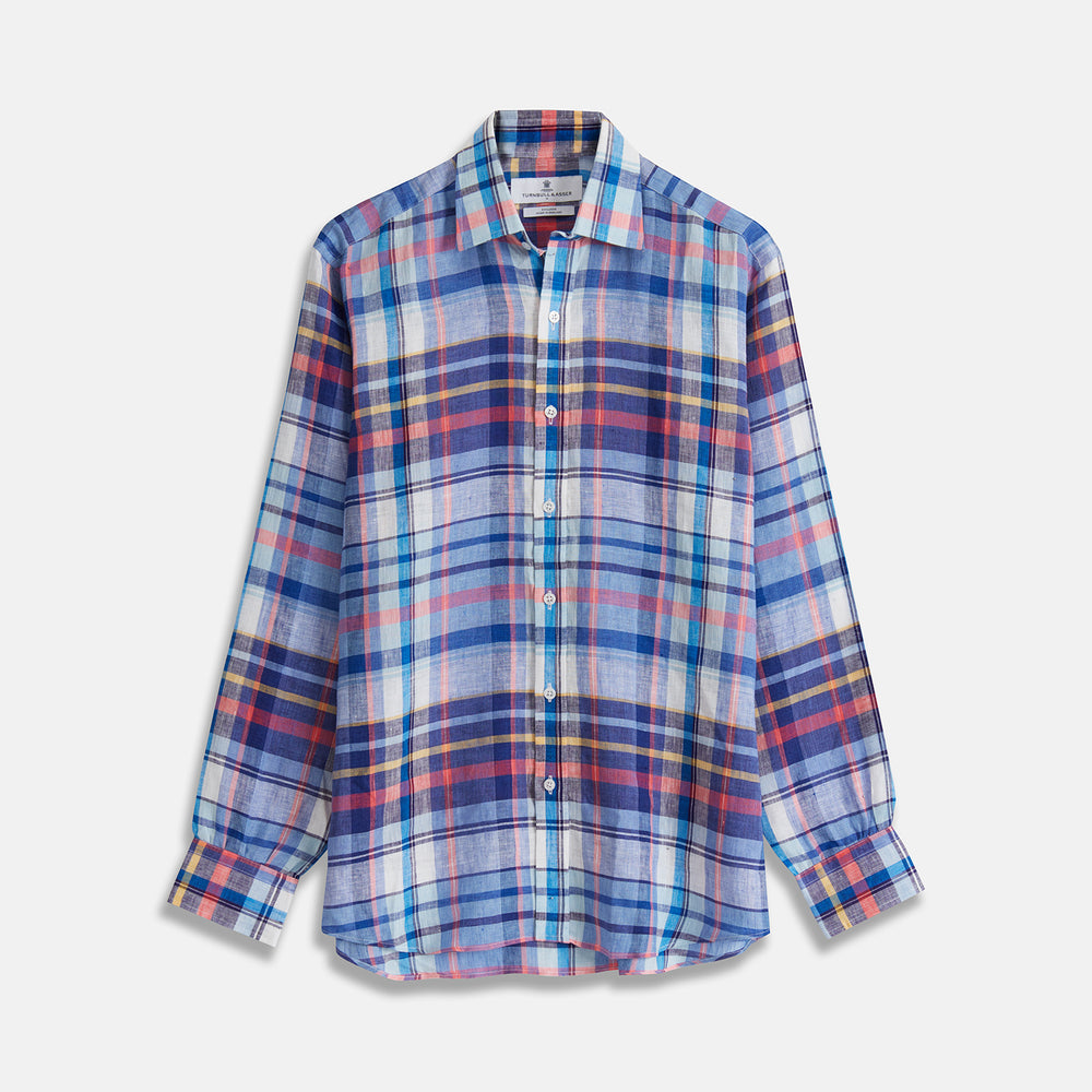 Blue Madras Check Weekend Fit Linen Shirt with Derby Collar and 1-Button Cuff