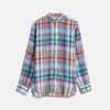View 1 of product The Turnbull & Asser Red and Teal Madras Check Weekend Fit Linen Shirt features a stand collar, 1-button cuff, and colorful plaid pattern, shown against a white background.