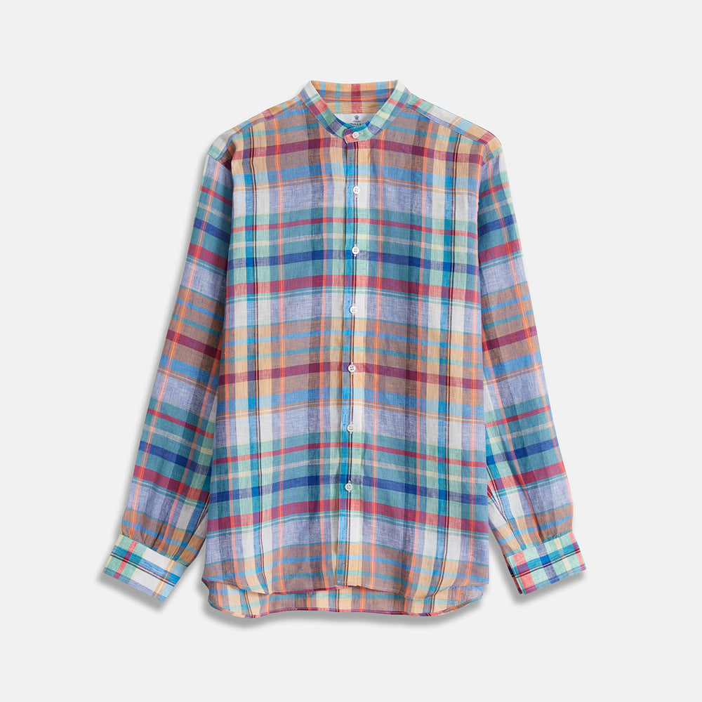 The Turnbull & Asser Red and Teal Madras Check Weekend Fit Linen Shirt features a stand collar, 1-button cuff, and colorful plaid pattern, shown against a white background.