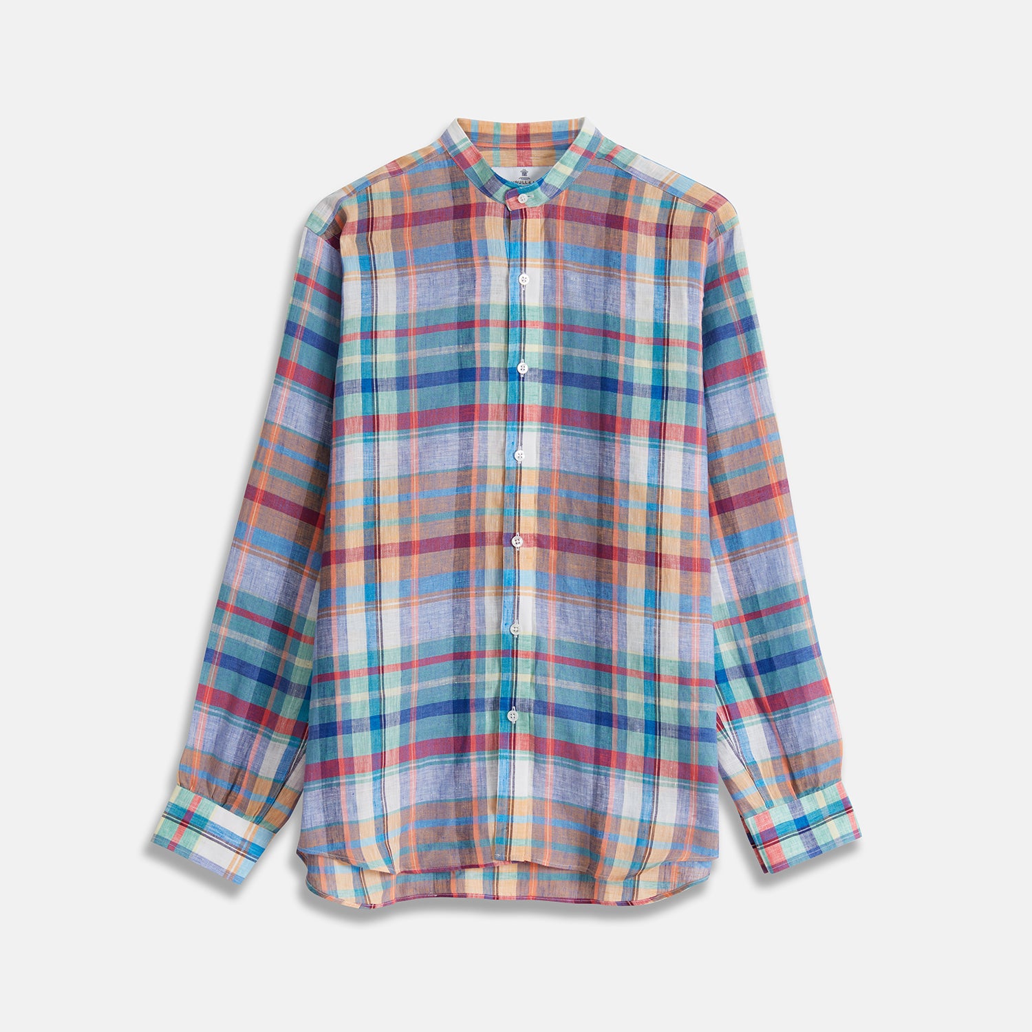 View 1 of product The Turnbull & Asser Red and Teal Madras Check Weekend Fit Linen Shirt features a stand collar, 1-button cuff, and colorful plaid pattern, shown against a white background.