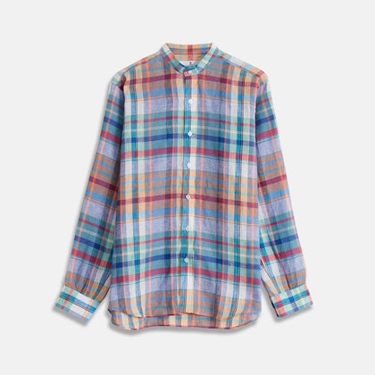 Red and Teal Madras Check Weekend Fit Linen Shirt with Stand Collar and 1-Button Cuff