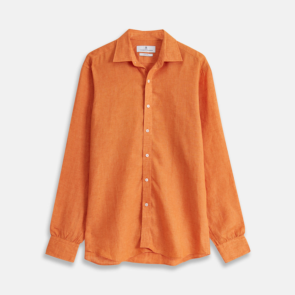 The Turnbull & Asser Orange Weekend Fit Long Sleeve Linen Shirt features a Derby collar, 1-button cuffs, white buttons, and a relaxed fit, shown against a white background.