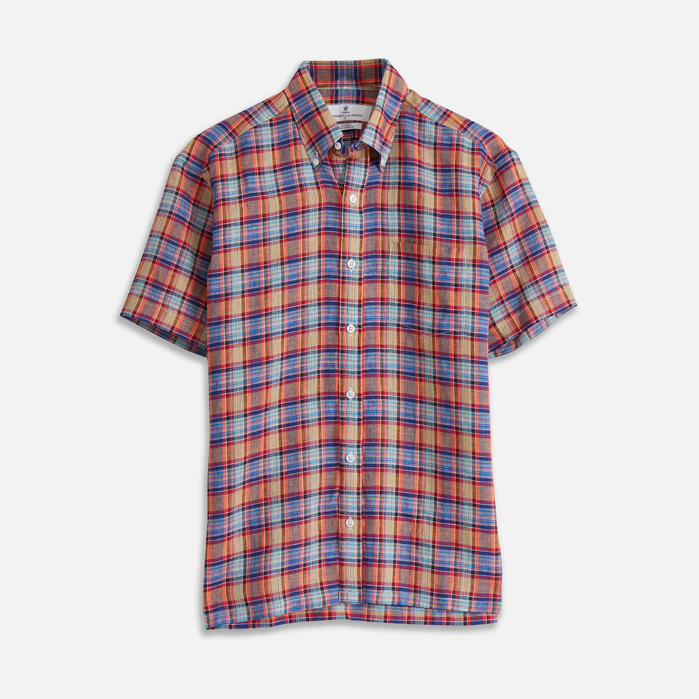 The Turnbull & Asser Blue and Orange Madras Check Weekend Fit Short Sleeve Linen Shirt features a colorful plaid pattern and a Dorset collar, shown against a plain white background.