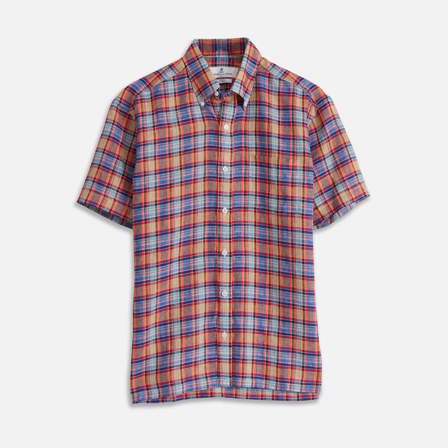 View 1 of product The Turnbull & Asser Blue and Orange Madras Check Weekend Fit Short Sleeve Linen Shirt features a colorful plaid pattern and a Dorset collar, shown against a plain white background.
