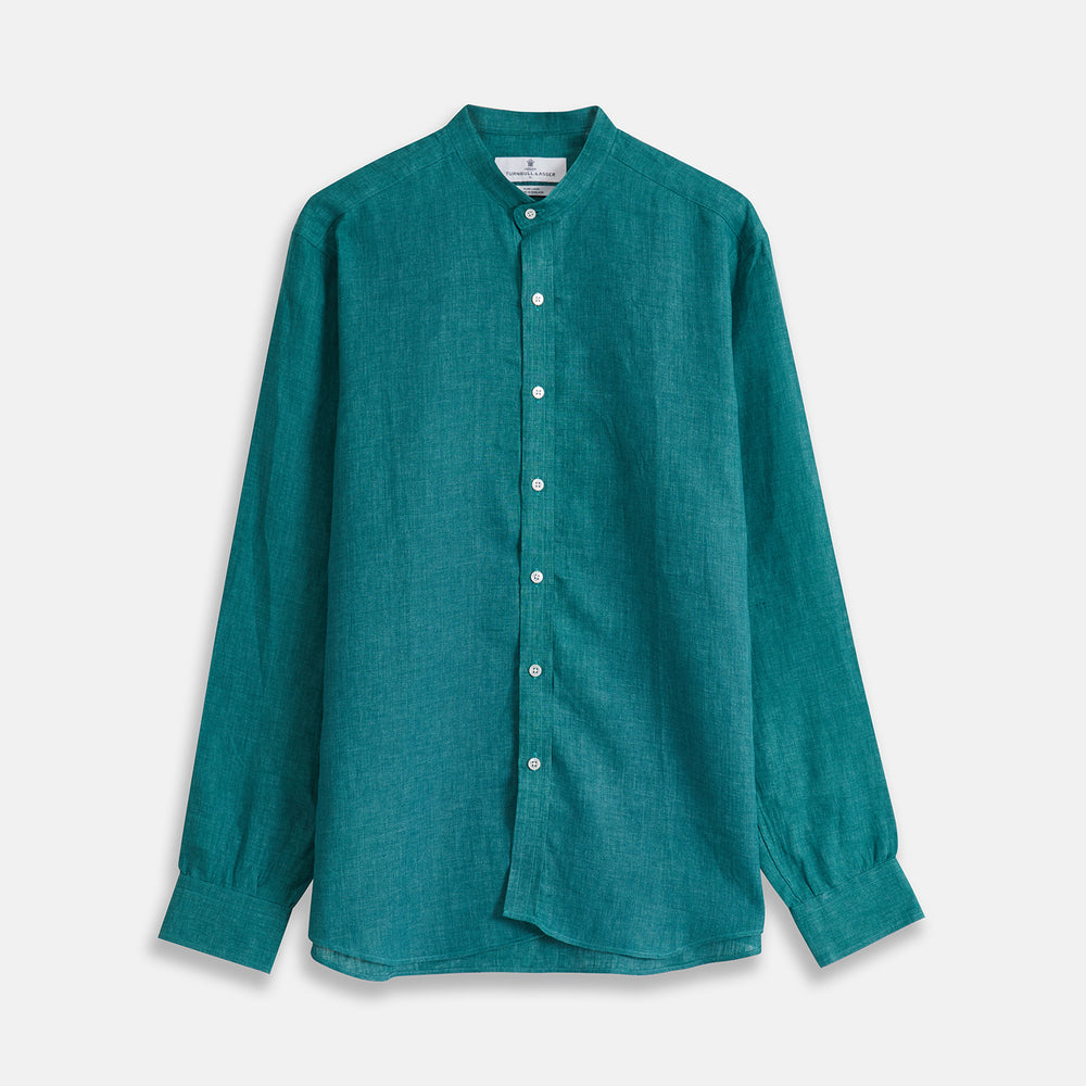 The Turnbull & Asser Teal Weekend Fit Long Sleeve Linen Shirt features a stand collar, 1-button cuffs, white buttons, and a relaxed fit, shown on a plain white background.