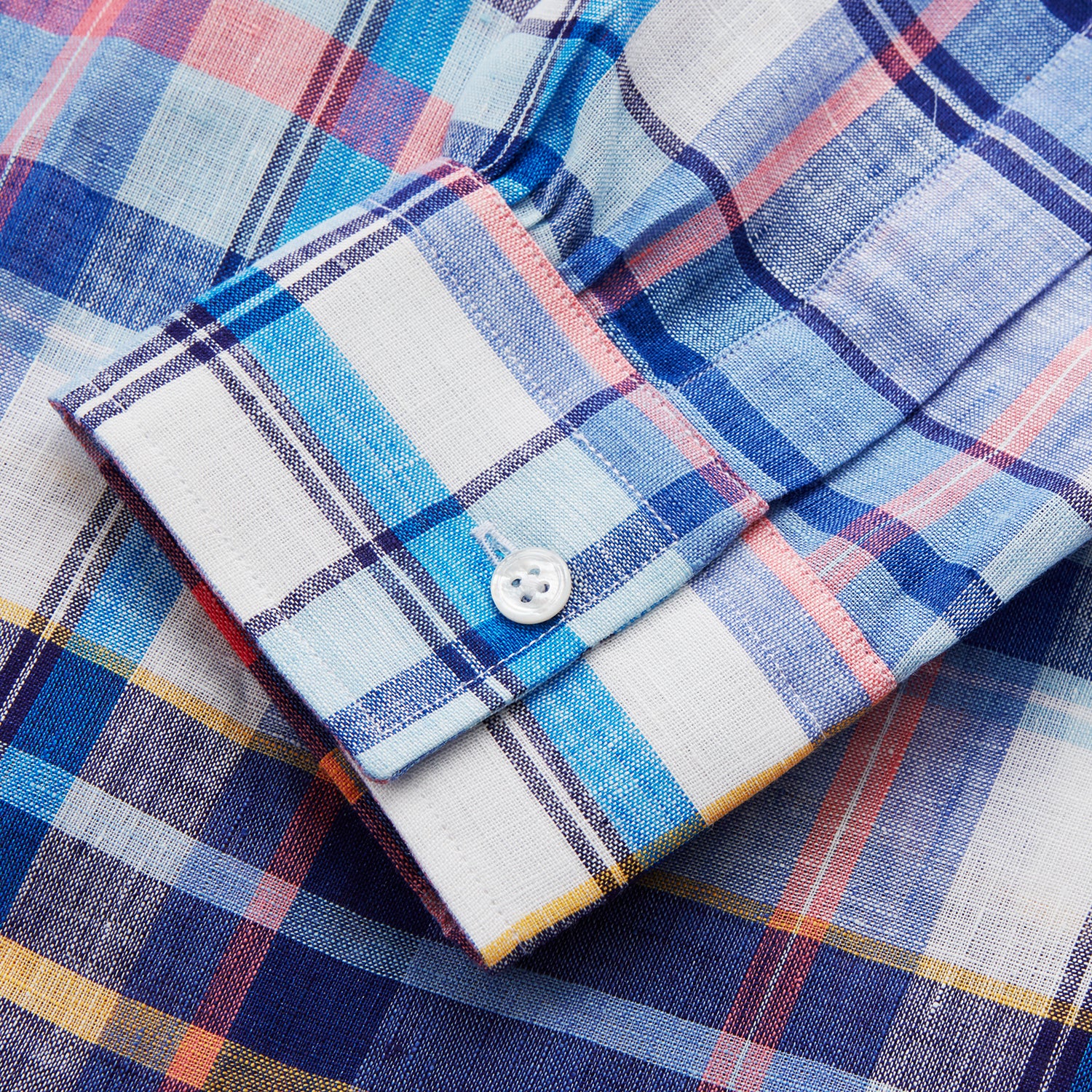 Blue Madras Check Weekend Fit Linen Shirt with Derby Collar and 1-Button Cuff