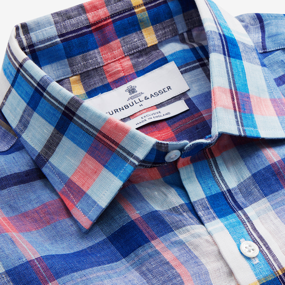 Blue Madras Check Weekend Fit Linen Shirt with Derby Collar and 1-Button Cuff