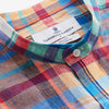 View 5 of product The Turnbull & Asser Red and Teal Madras Check Weekend Fit Linen Shirt features a stand collar, 1-button cuff, and colorful plaid pattern, shown against a white background.