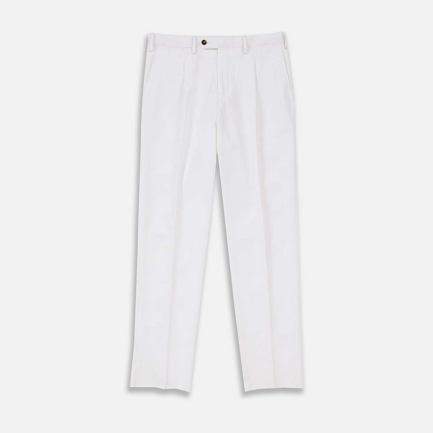 View 1 of product Turnbull & Asser’s White Cotton Pleated Trousers, a summer classic, are elegantly displayed against a crisp white backdrop.