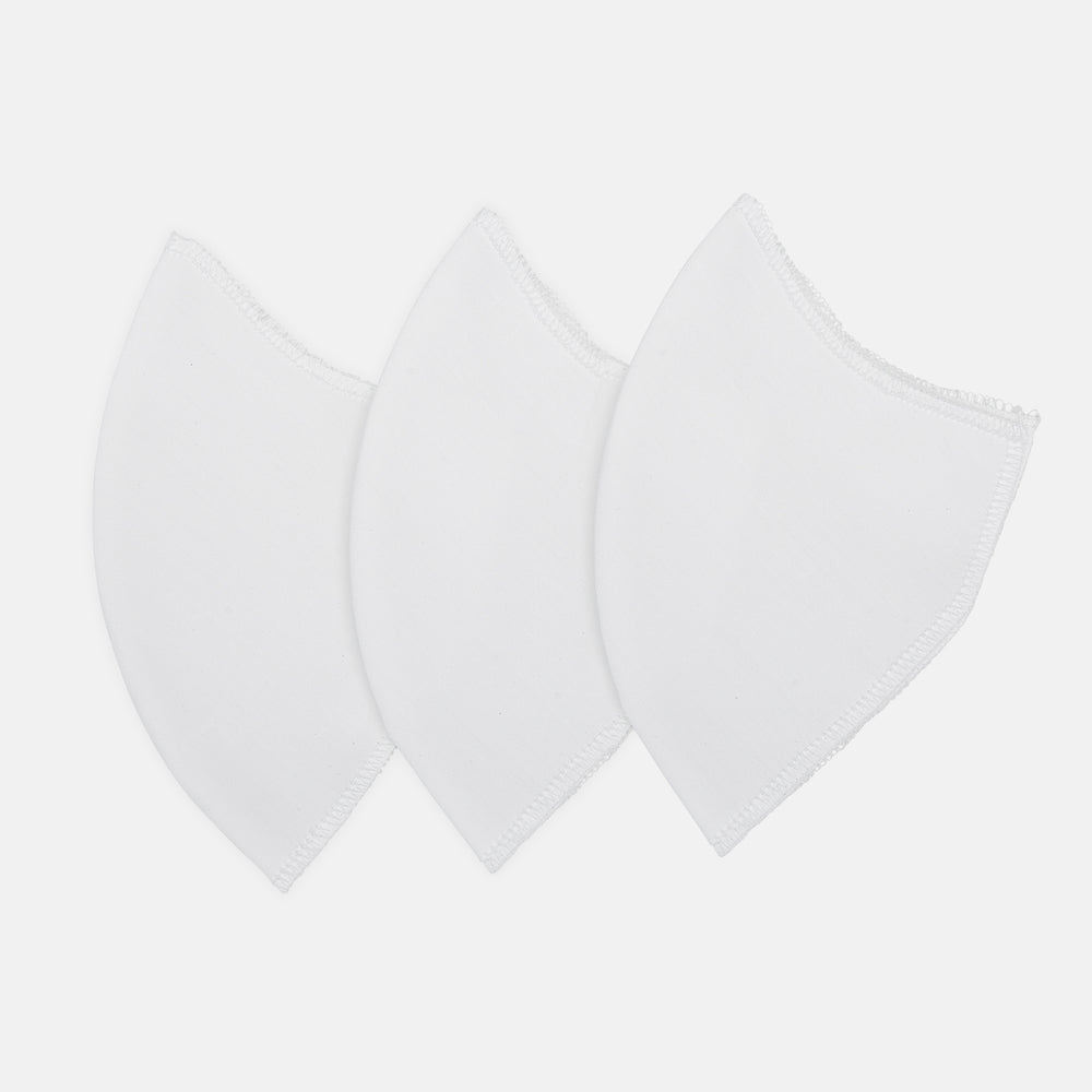 Three white Turnbull & Asser Commuter Mask VIROFORMULA™ Filters (3-Pack) are displayed side by side on a plain white background, highlighting their antiviral and antibacterial properties.
