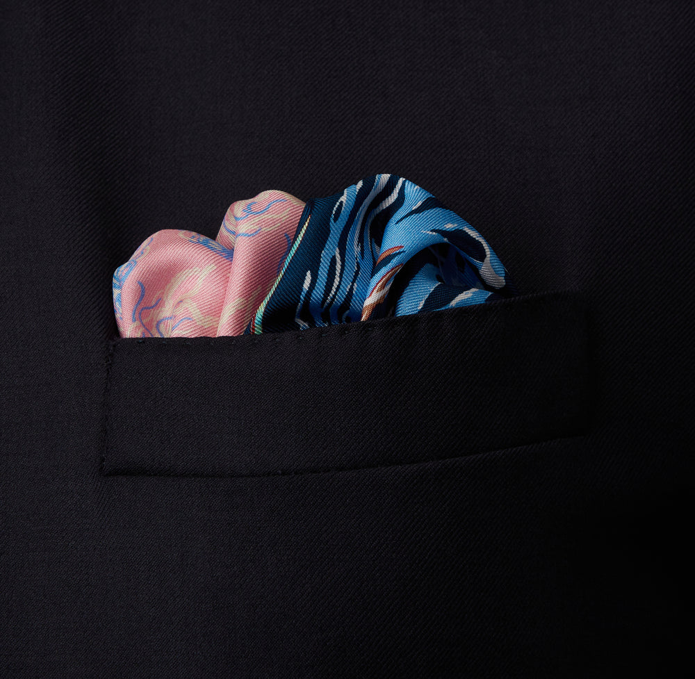 Navy Jellyfish Silk Print Pocket Square