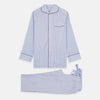 View 6 of product The Turnbull & Asser Burgundy Stripe Classic Pyjama Set features long sleeves, a button-up top with red piping, matching drawstring pants, and a traditional fit. Laid flat, it's luxury loungewear in signature burgundy stripes.