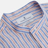 View 2 of product The Turnbull & Asser Blue & Red Linen Stripe Weekend Fit Shirt features a stand collar, vertical stripes, and two chest pockets with button flaps—perfect for casual style.
