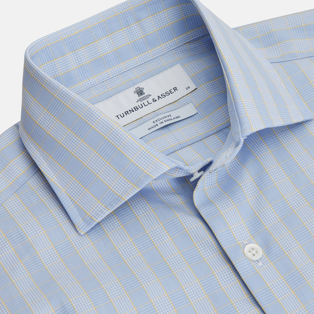 A Yellow and Blue Glen Check Tailored Fit Shirt by Turnbull & Asser, featuring a Kent collar, displayed flat on a white background.