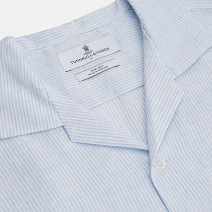 Blue Linen Stripe Holiday Fit Shirt with Revere Collar