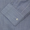 View 3 of product Turnbull & Asser’s Indigo Chambray Stripe Weekend Fit Shirt with Dorset collar features thin white pinstripes, two button-flap chest pockets, buttoned cuffs, and relaxed styling—presented flat on a white background.
