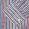 View 3 of product The Turnbull & Asser Blue & Red Linen Stripe Weekend Fit Shirt features a stand collar, vertical stripes, and two chest pockets with button flaps—perfect for casual style.