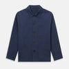 View 1 of product The Turnbull & Asser Navy Cotton-Linen Remy Chore Jacket features a collar, long sleeves, button closure, and three front pockets—a versatile minimalist essential for any men's wardrobe, shown laid flat on a white background.