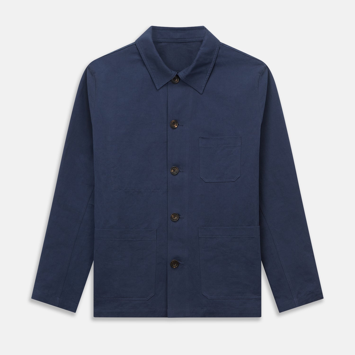 View 1 of product The Turnbull & Asser Navy Cotton-Linen Remy Chore Jacket features a collar, long sleeves, button closure, and three front pockets—a versatile minimalist essential for any men's wardrobe, shown laid flat on a white background.