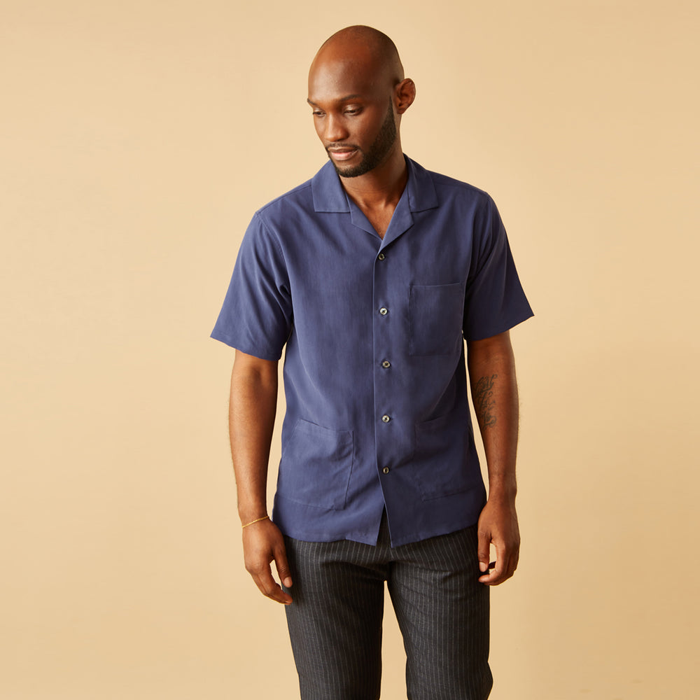 Navy Holiday Fit Silk Phillips Shirt with Revere Collar