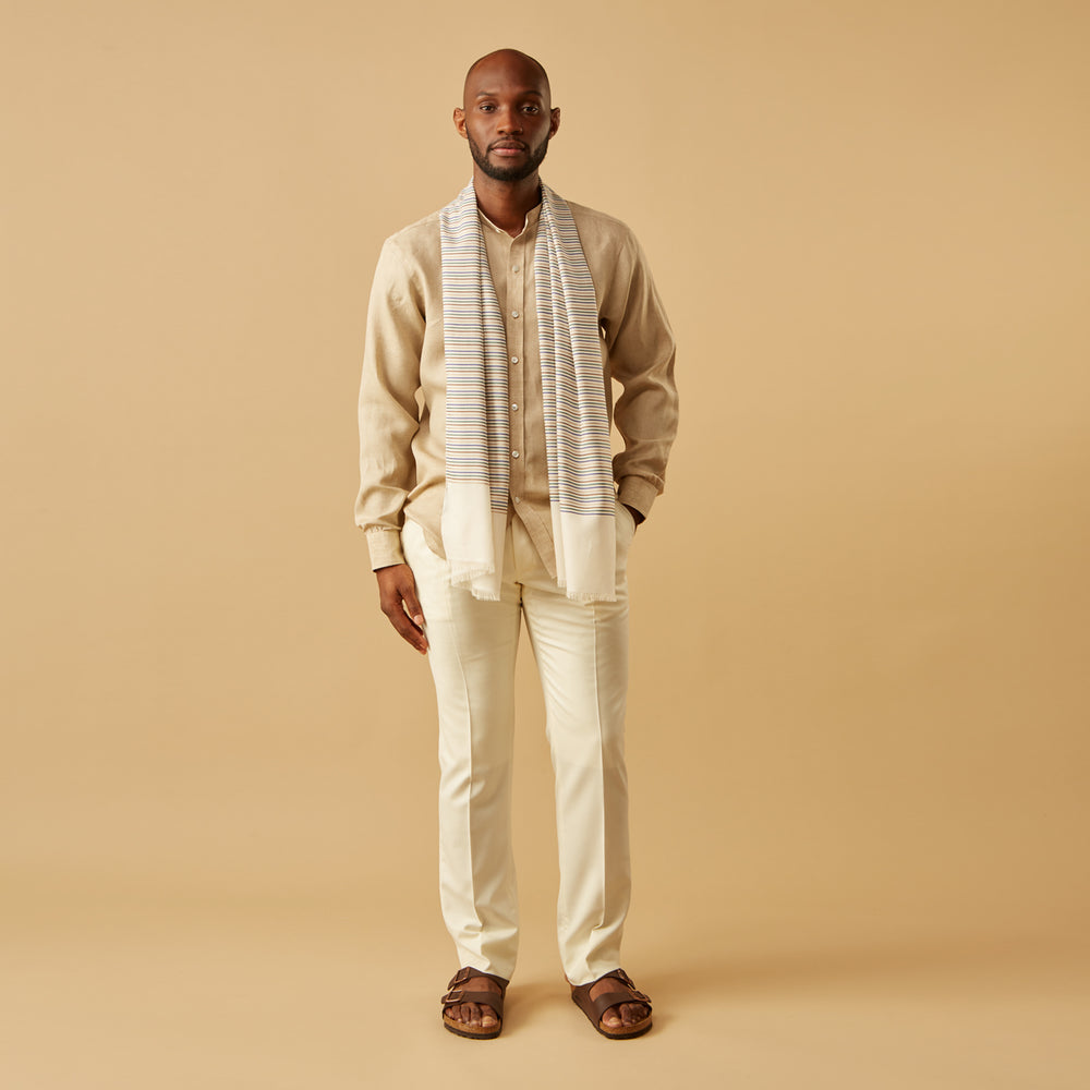 Cream Abstract Stripe Print Lightweight Wool Scarf