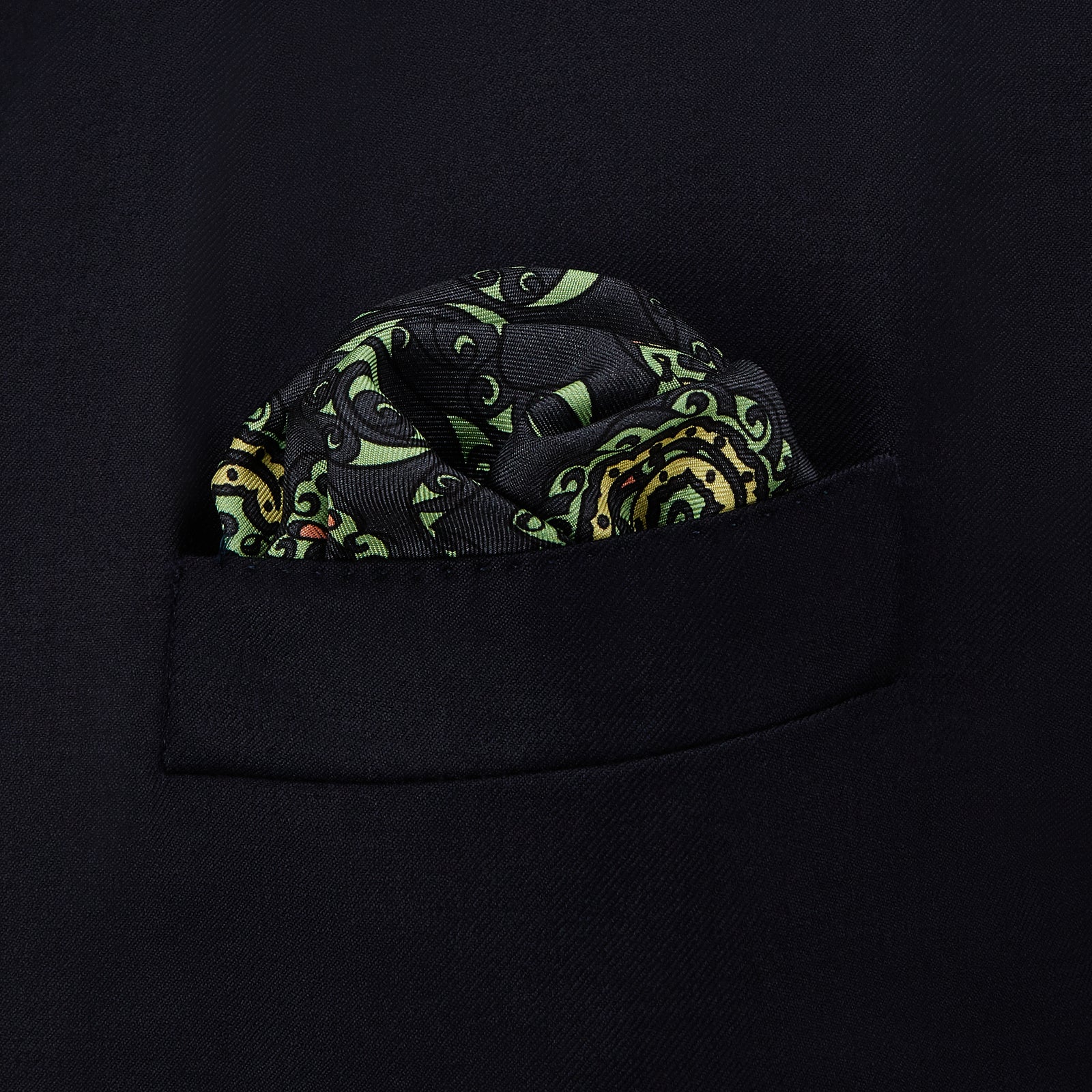 Navy and Green Paisley Silk Pocket Square