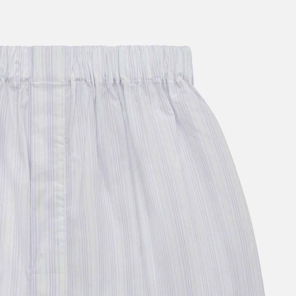 Purple multi-striped cotton Godfrey boxer shorts by Turnbull & Asser, featuring an elastic waistband, displayed flat on a plain white background.