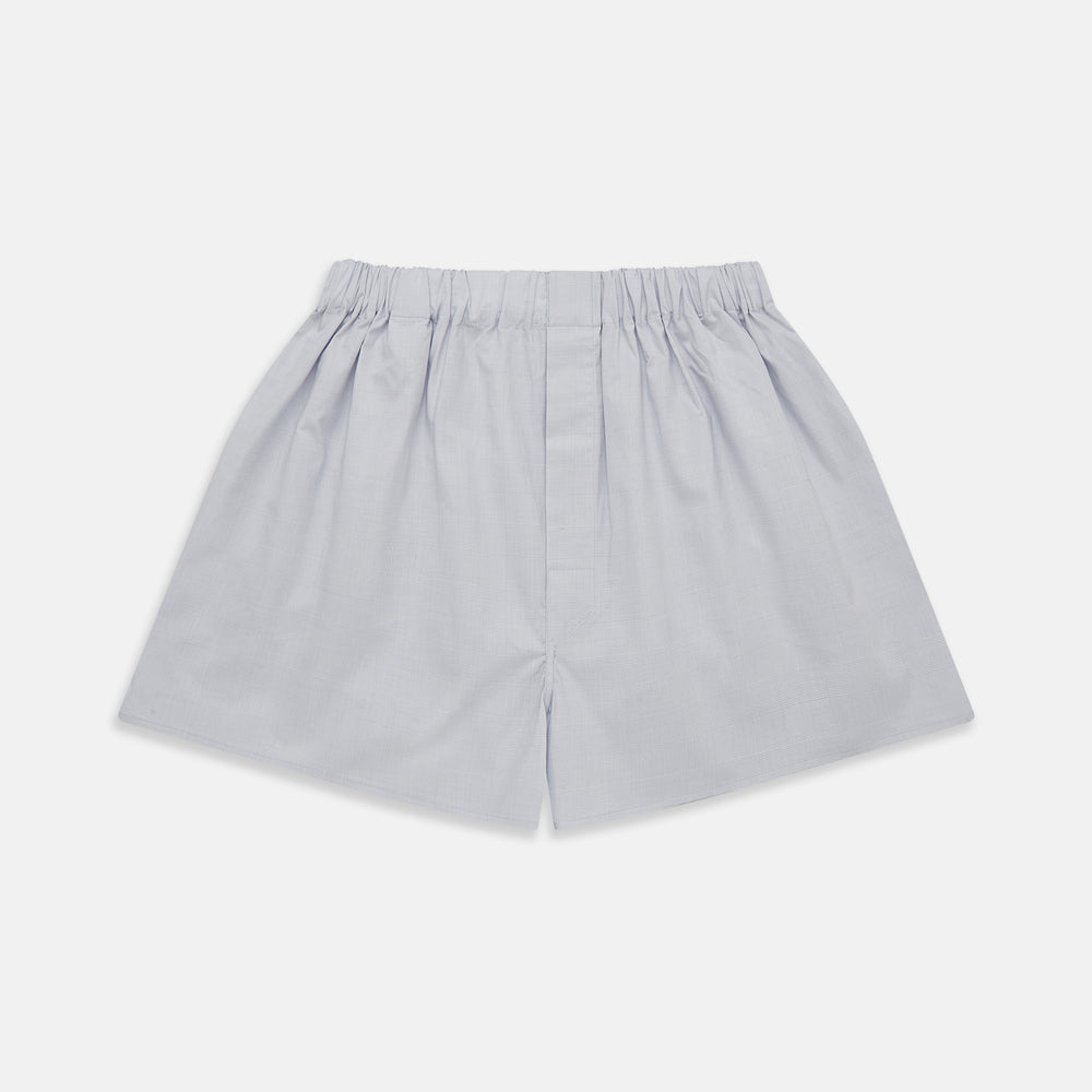 Faded Blue Block Check Cotton Godfrey Boxer Shorts by Turnbull & Asser, shown flat on a white background. These luxury boxers offer a relaxed fit and smooth, simple design with an elastic waistband and no visible buttons or patterns.