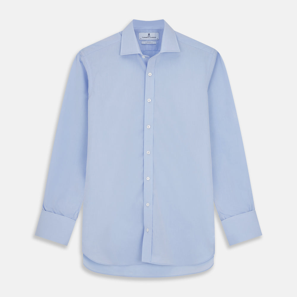 The Turnbull & Asser DR. NO Pale Blue West Indian Sea Island Cotton Shirt features a signature DR. NO collar and cuff, as seen on James Bond, and is displayed on a white background.