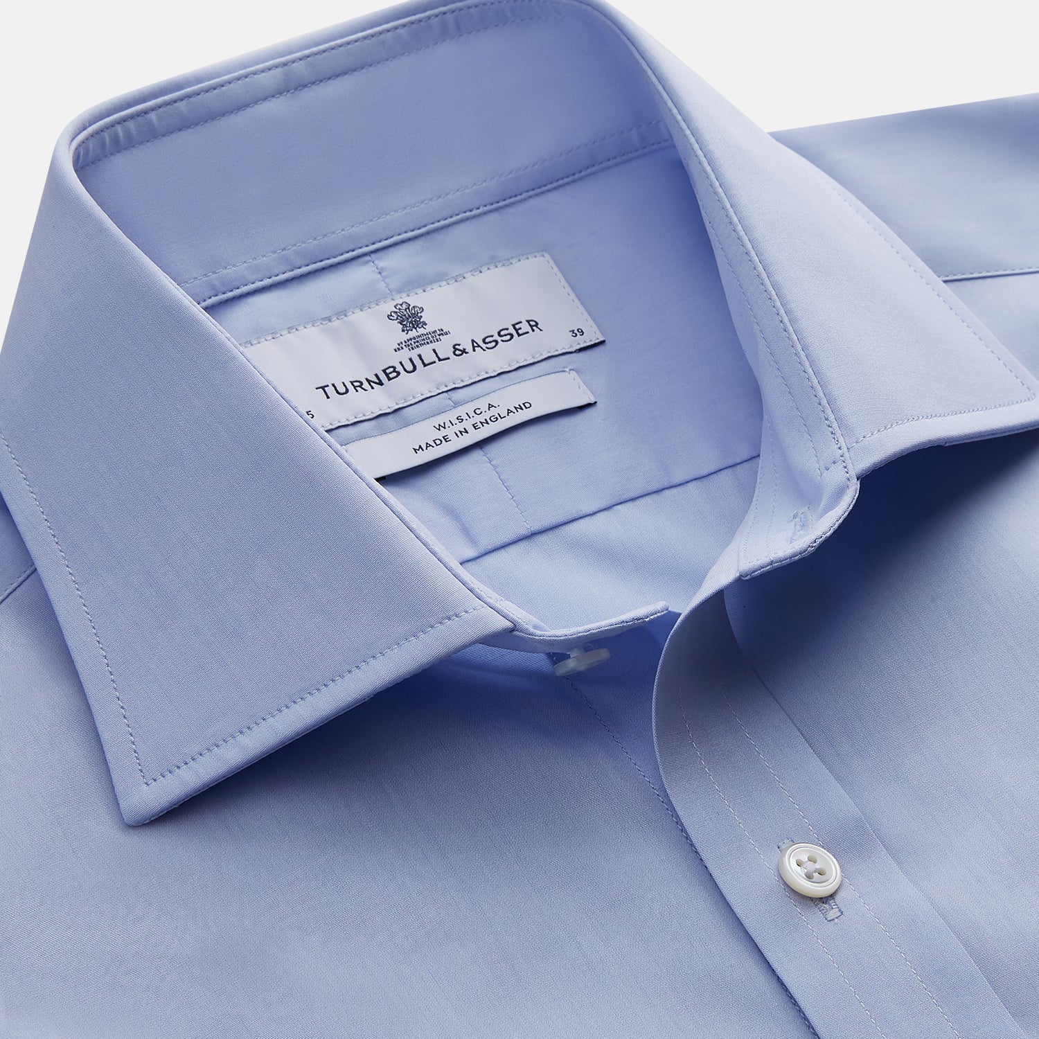 View 2 of product The Turnbull & Asser DR. NO Pale Blue West Indian Sea Island Cotton Shirt features a signature DR. NO collar and cuff, as seen on James Bond, and is displayed on a white background.