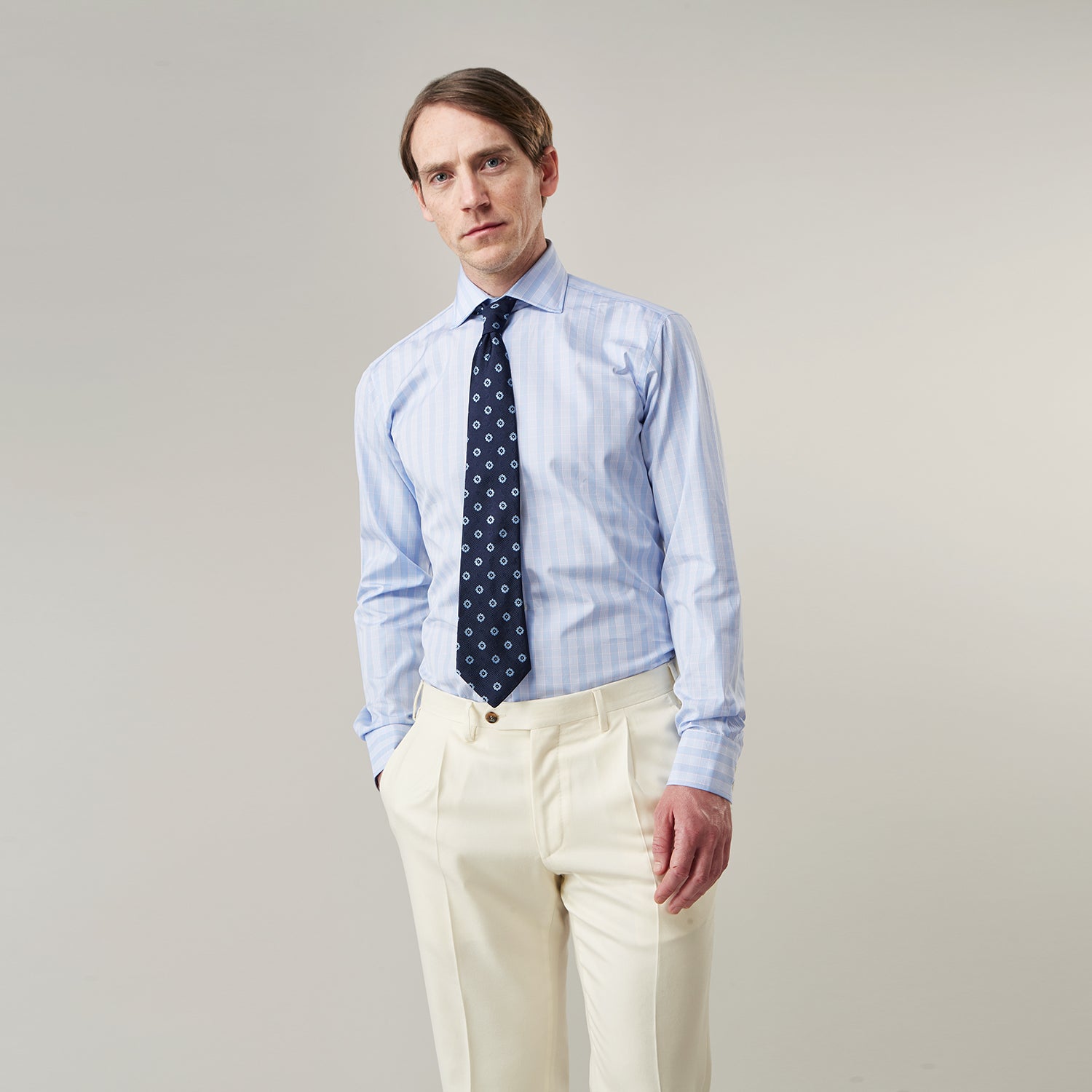 View 2 of product A Yellow and Blue Glen Check Tailored Fit Shirt by Turnbull & Asser, featuring a Kent collar, displayed flat on a white background.