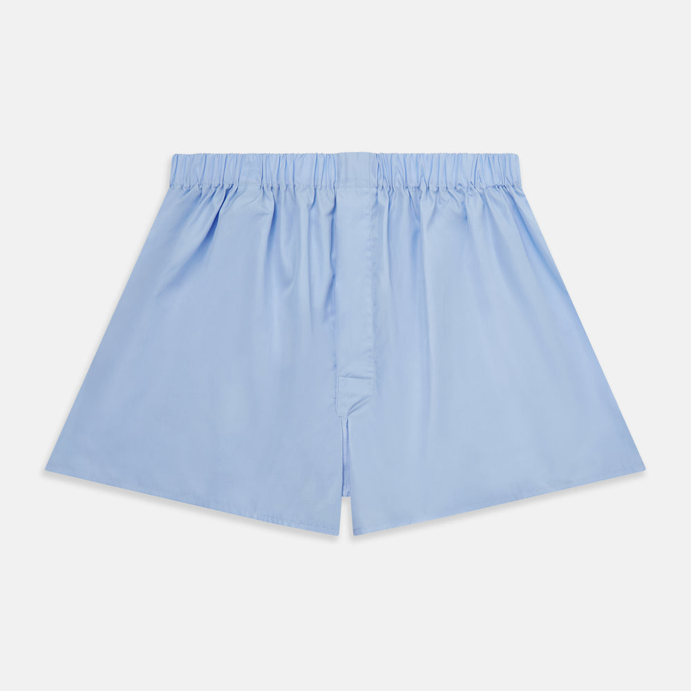 Turnbull & Asser's Blue Two-Fold 200 Cotton Boxer Shorts for men offer superior breathability, featuring an elastic waistband and front fly, shown laid flat on a white background.